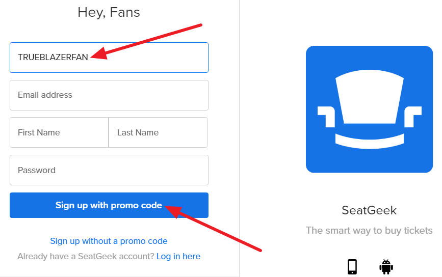 SeatGeek Promo Code Signup Form using promo code trueblazerfan