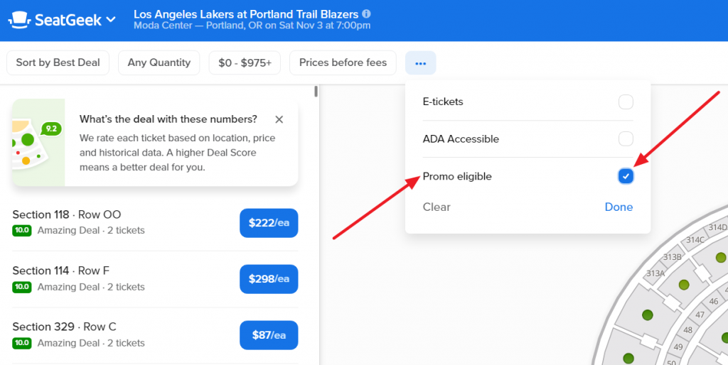SeatGeek promo eligible checkbox