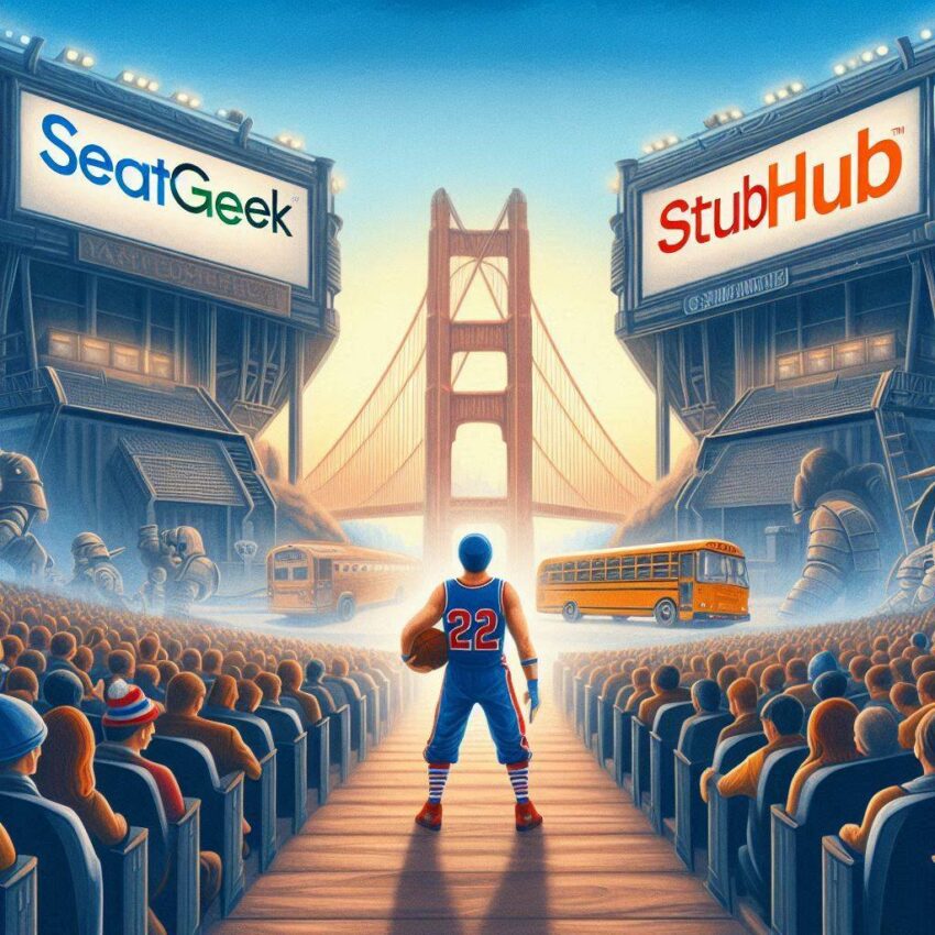 SeatGeek vs StubHub - a man standing in an aisle with SeatGeek on the left and StubHub on the right