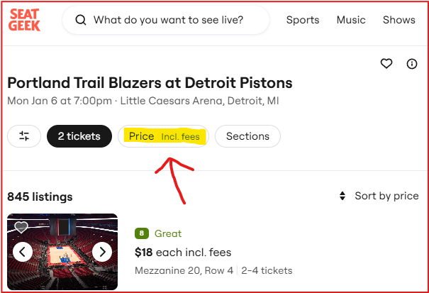 SeatGeek Includes Fees by Default