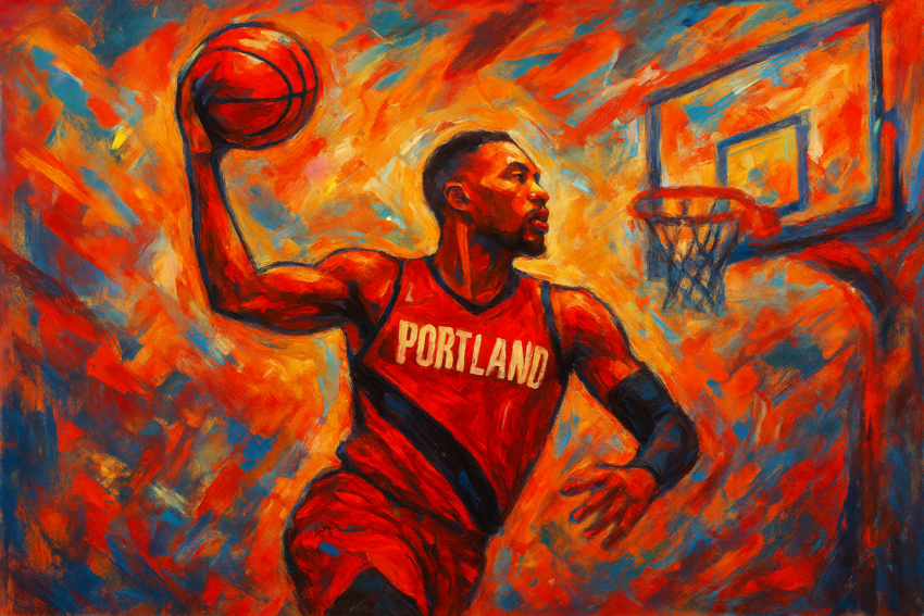 Abstract image of Damian Lillard dunking a basketball in a Blazer uniform