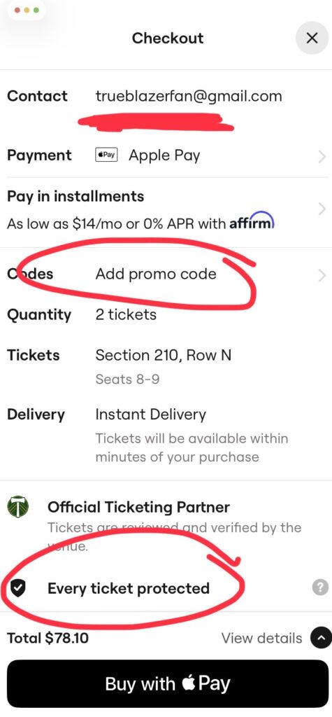 Mobile checkout screen for SeatGeek. The “add promo code” field is circled to demonstrate how to enter a promo code before checkout.
